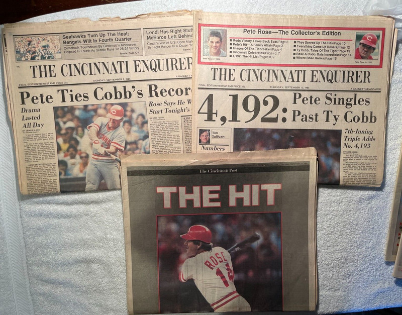 VNTGE CINCY ENQ/POST ON PETE ROSE TYING/BEATING COBB ON MLB HITS RECORD OF 4192