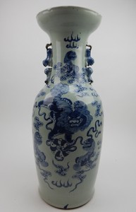 Colossal Antique Chinese Celadon Blue And White Foo Dog Vase 22.75