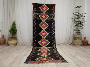 Moroccan Handmade Boujad Runner Rug 2'8x9 Tribal Geometric Black Berber Wool Rug