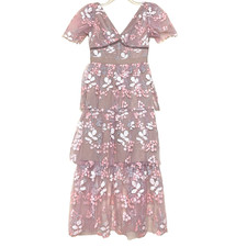 Self-Portrait Flower Tiered Mesh Midi Dress 2 Pink Ruffle Wedding Party Event