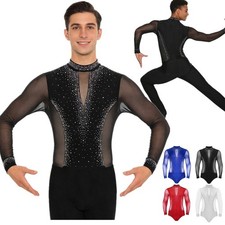 Men Jumpsuit Long Sleeve Bodysuit Leotard Mesh Ballroom Rhinestones Rumba Dance