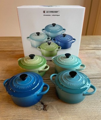 Le Creuset Stoneware 4 Mini Cocotte Palm, Cool Mint, Caribbean & Marseille NEW