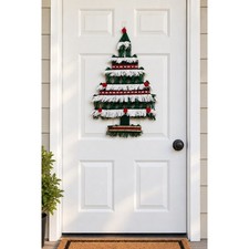 Vtg Macrame Christmas Tree Wall Hanging 28" x 16" Yarn Pom Poms Holiday Decor