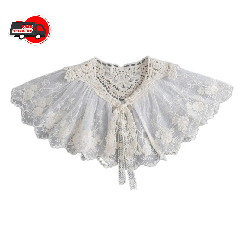 Women Elegant Floral Embroidery Lace Shawl Detachable Collar Chiffon Capelet