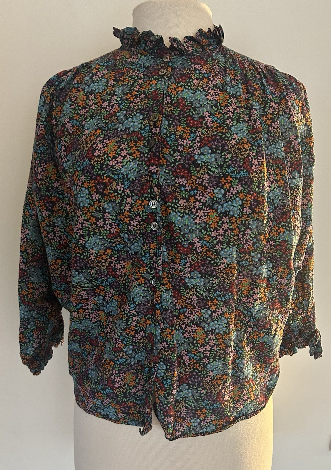 Doen Rose Blouse SZ S Navy Lady Bird Floral  Print Peasant Boho Romantic # 9164 image 3