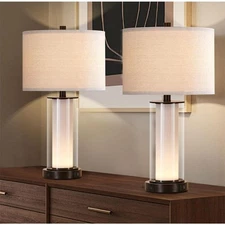 23"Clear Glass Bronze Table Lamp Set w/Night Light, Bulbs, Dual USB Ports(Set of