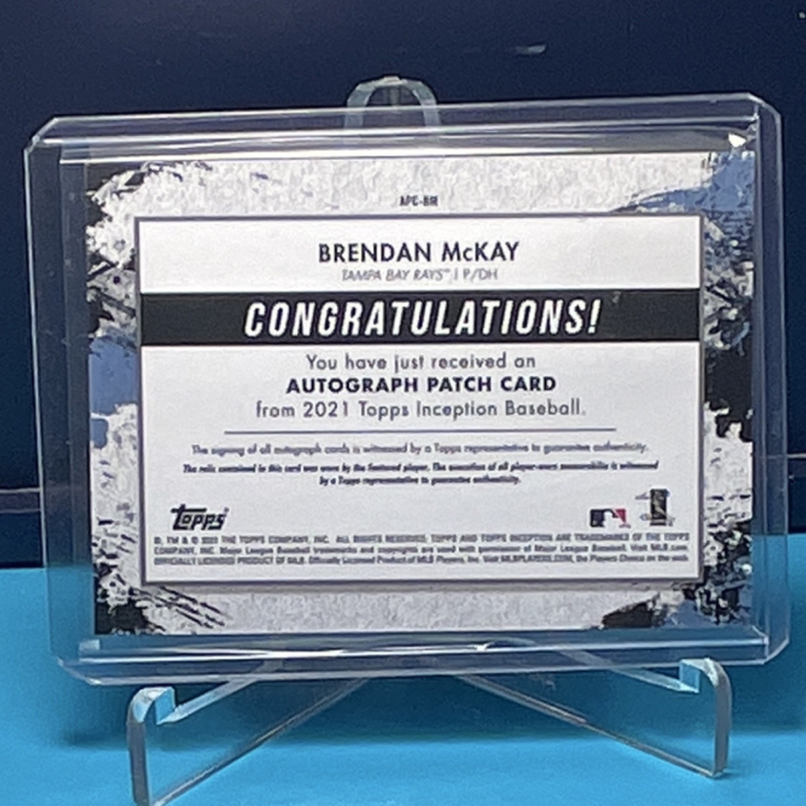 Topps 2021 Inception Brendan McKay #APC-BM Green /99 Auto Patch Tampa Bay view 3