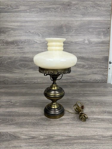 Electrified Brass Oil Hurricane Lamp With Milk Glass Shade