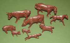 9 Vintage MARX farm playset chocolate brown animals-cows-horse-dog-goat-pigs