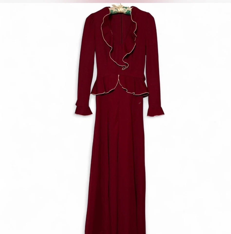 Vestido Academia Oscuro Vintage Cintura Peplum Rojo Borgoña, Hasta el Suelo Con Volantes S Foto 3 de 4