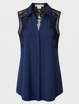 Cooper & Ella Vera Navy Black Lace Sleeveless Button Down Tunic Blouse M