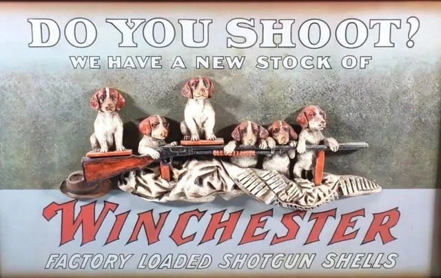 De colección Raro Winchester "¿DO YOU SHOOT?" con cachorros Bretaña 3D 17" x 27" Foto 2 de 4