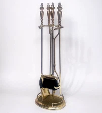 Vtg Polished Solid Brass 5 Piece Fireplace Tool Set & Oval Stand 31" Heavy 14lb