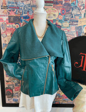 Iman Global Chic Emerald Green Genuine Lamb Leather Moto Jacket M New