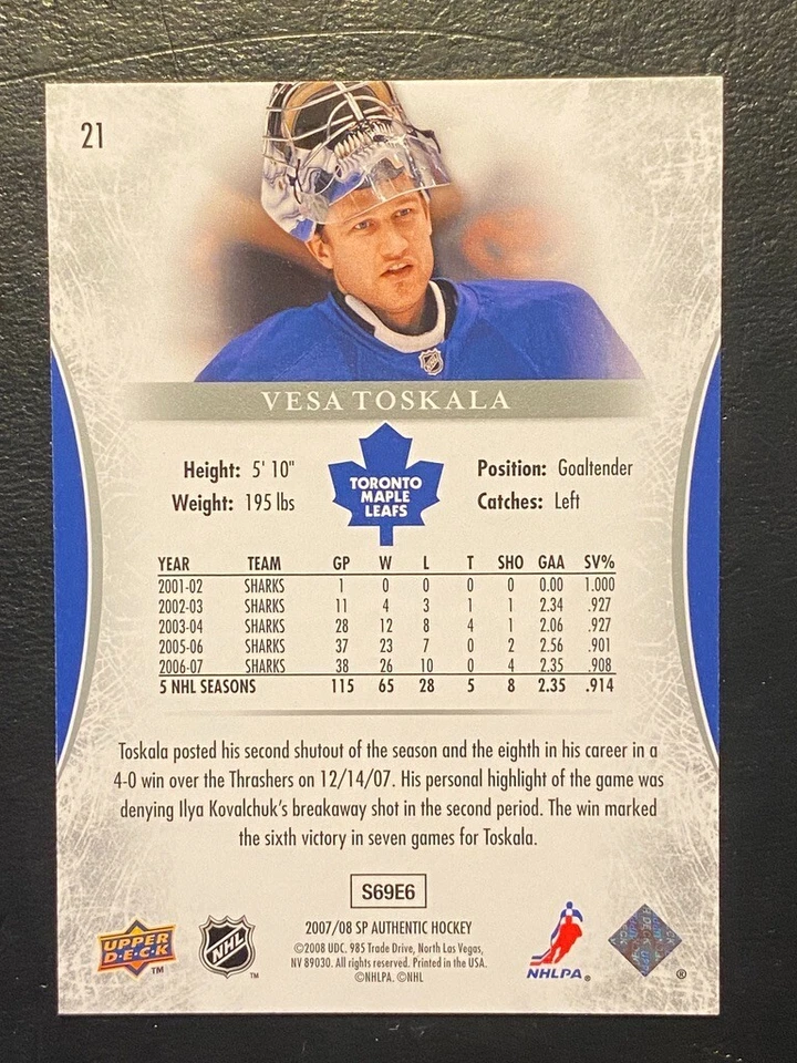 Vesa Toskala 2007-08 Upper Deck SP Authentic #21 Toronto Maple Leafs - Image 2 of 2