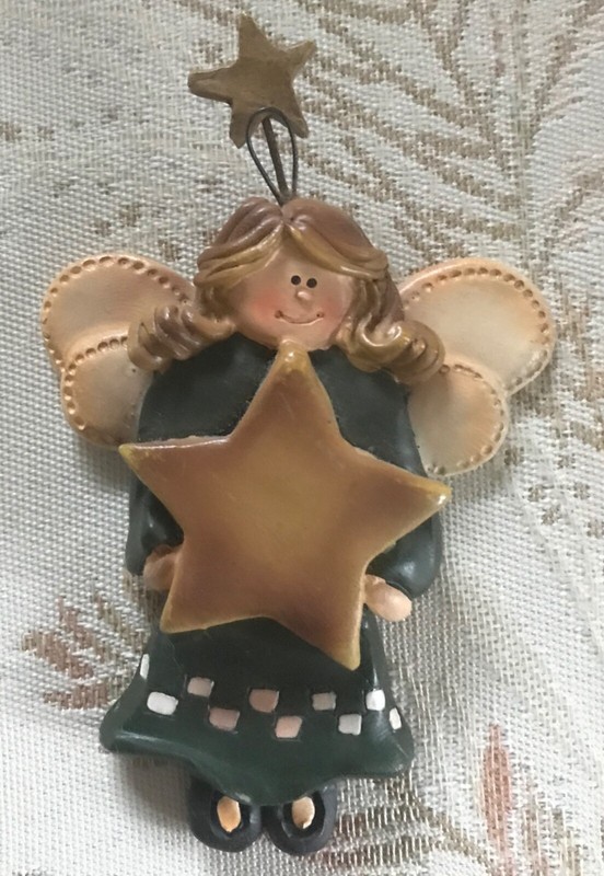 A Suzi Angel Christmas Ornament in Green Gown w/Stars of Gold! ? Resin or Clay