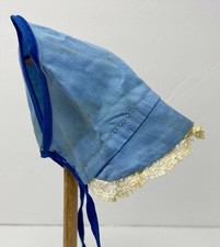 Vintage Antique Blue Doll Bonnet Hat With Lace Trim