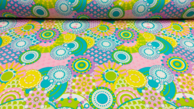 Beschichtete Baumwolle Stoff Wasserabweisend Blau-Grün-Rosa-Weiß mit Mandala´s