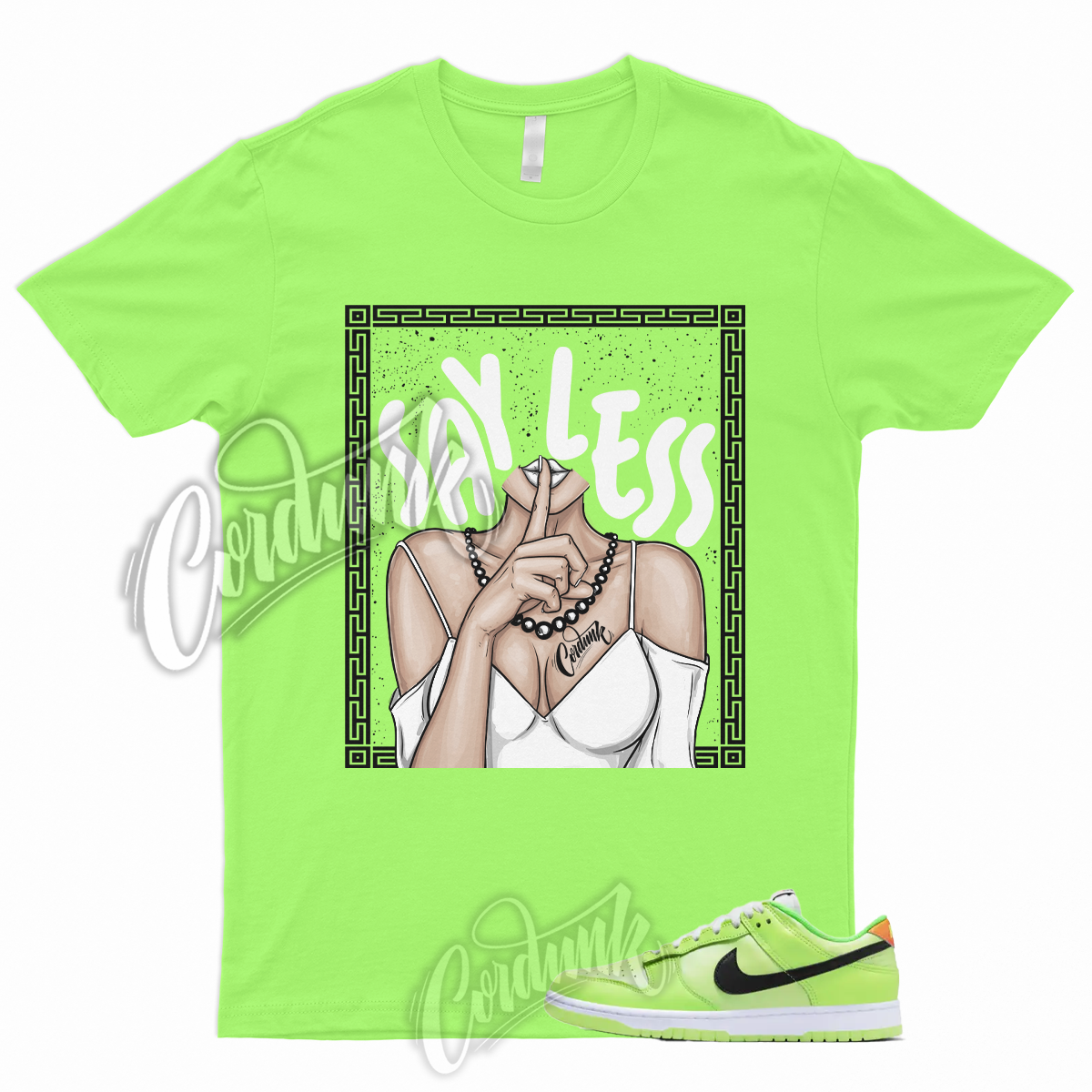 green strike off white shirt
