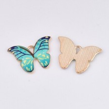 5 Enamel Butterfly Charms Teal Blue Gold Spring Jewelry Findings Insect 22mm