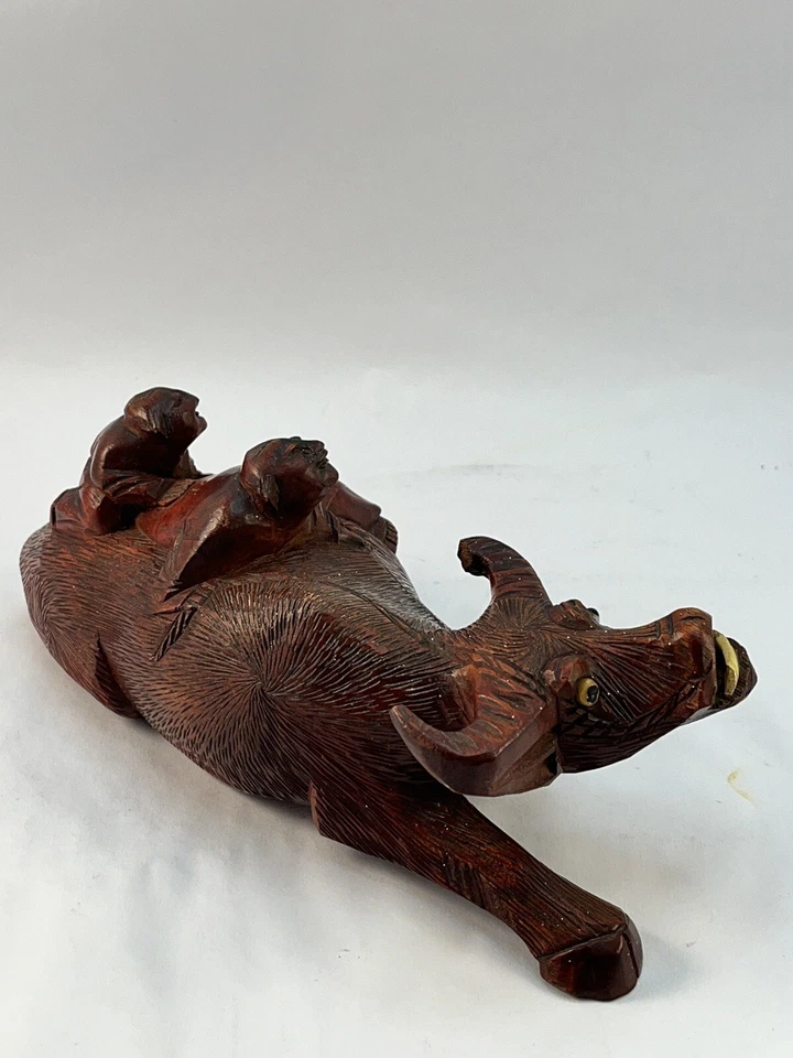 Wooden Chinese Sculpture Hand Carved Two Boys Riding Water Buffalo  Antique - Image 3 of 4