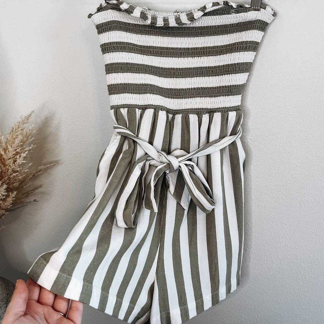 American Eagle Olive Green and White Stripe Strapless Belted Romper Size Small American Eagle Olive Green and White Stripe Strapless Belted Romper Size Small