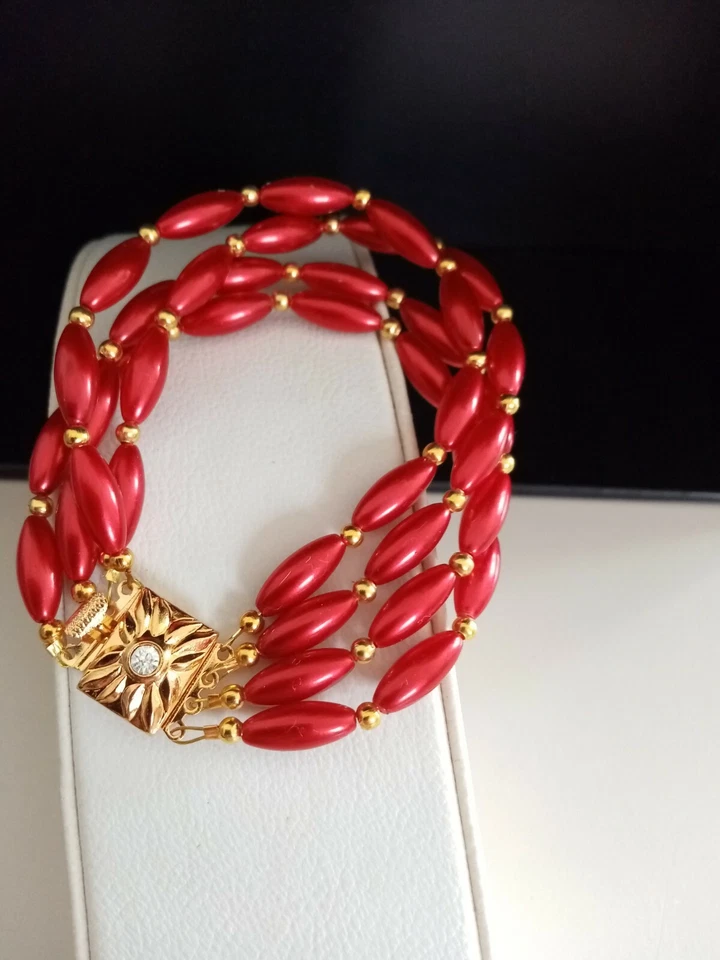 Schmuck Armband Oliven Perlen 4 reihig rot gold  mit Clip Verschluss 19 cm - Bild 3 von 3