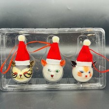 Set of 3 Blown Glass Santa Cat Ball Ornaments