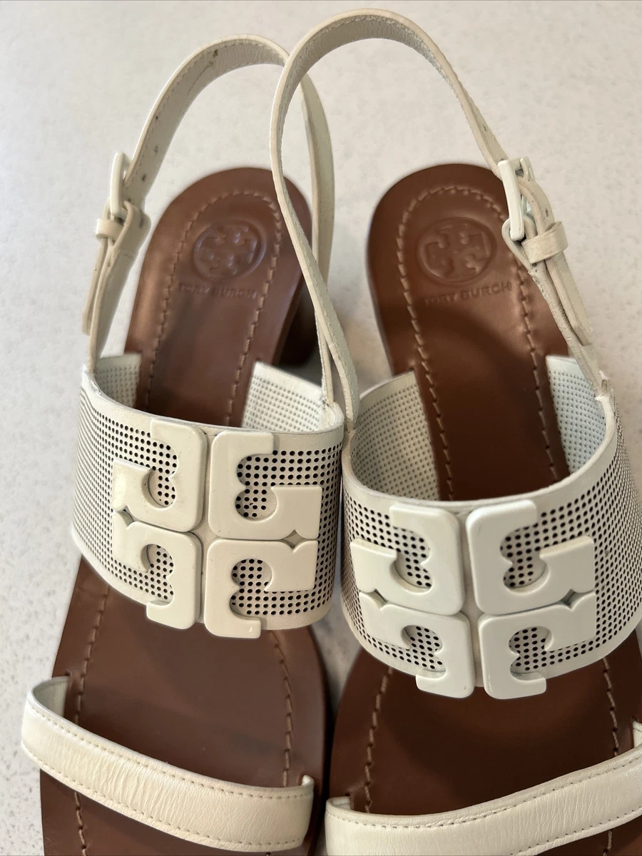 Tory Burch Lowell 2 Logo City Sandal Natural Ivory Block Heel 9.5