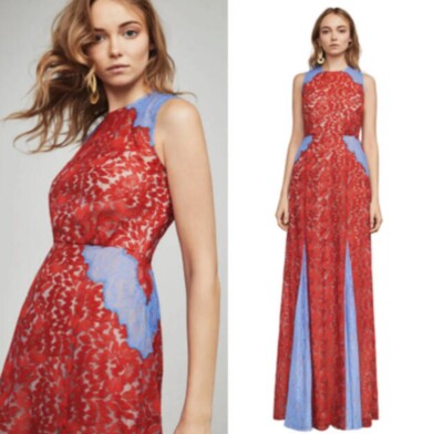 BCBG Maxazria Marlyn Knit Red Blue Lace Maxi Gown Floor