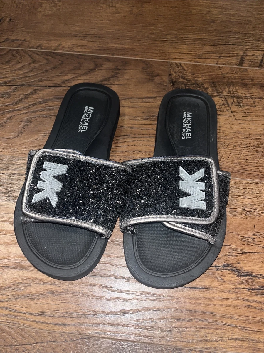 Girls Michael Kors Eli Glow Black Glitter Slides Sandals Size 1 eBay
