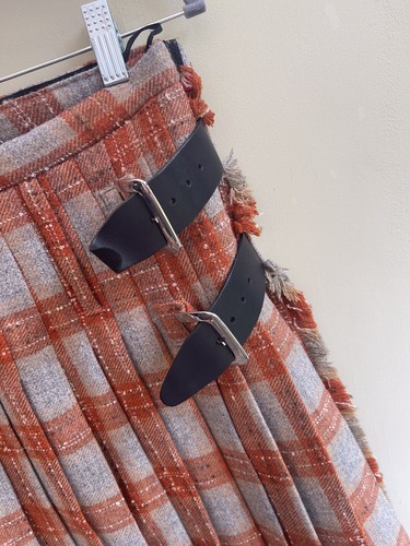 Handmade Orange Grey Checked Kilt Size 12 14 100% Wool Leather Buckles - Picture 2 of 8