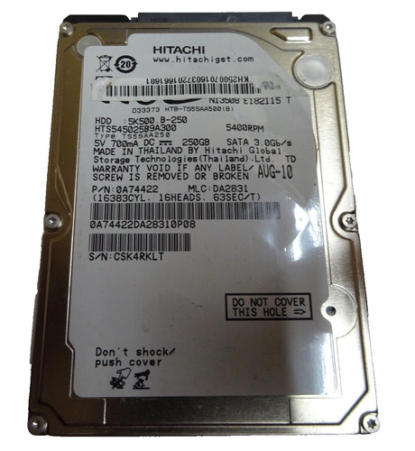 250 GB SATA NOTEBOOK HDD HITACHI HTS545025B9A300 S/N: CSK4RKLT  2,5 " #NFP990
