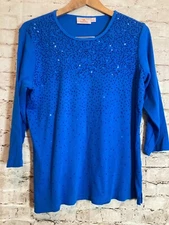 Quacker Factory Top Womens Large Cobalt All Over Sequins Cotton Stretch Ribbed