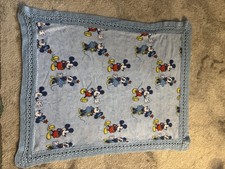 Disney Baby Blue MICKEY MOUSE Blanket Fleece Close Up Face Lovey Crochet Trim