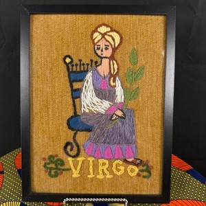 Vintage Virgo Zodiac Crewel Embroidery Wall Art Framed Astrology Needlepoint