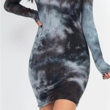 NWT Capella Women's Stretch Blue Tie-dye Long Sleeve Bodycon Midi Dress Medium