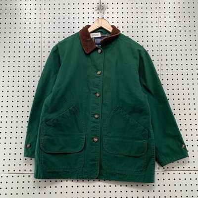 #ad Vintage Lands End Canvas Barn Chore Coat Mens Medium Green Plaid FLannel Lined $99.99