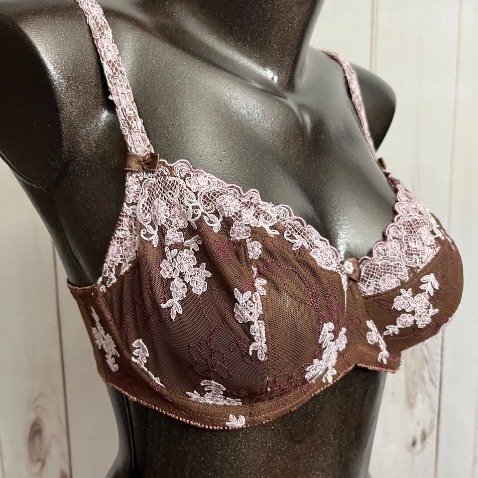 Felina Lingerie 32DD Sheer Unlined Mesh Embroidered Underwire Bra Brown - Image 3 of 4