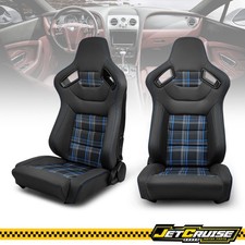Universal X2 Reclinable Racing Seat Dual Sliders Blue Plaid Microfiber Leather