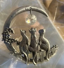 VTG Pewter Cats sitting on fence With Dangling Crystal Suction Cup Window Hanger