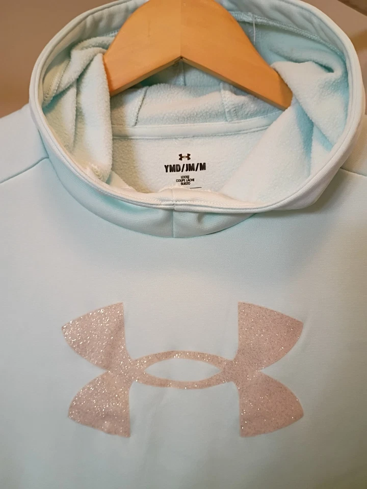 Under Armour Girls' Light Blue Cowl Neck Hoodie Youth Medium Silver Glitter Logo - Image 2 of 4