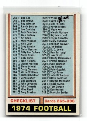 1974  Topps Football Checklist UNMARKED Cards 265-396 #391 NFL