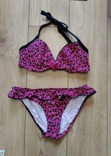 New Debenhams frill pink black heart Underwired bikini 34b top & size 12 bottoms