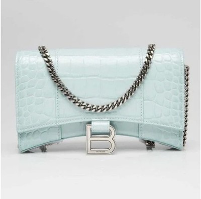 Balenciaga Hourglass Shiny Mock-Croc Embossed Wallet on Chain in Silver