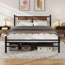 Xinbedeu Bed Frame Rustic Wood Headboard Metal Platform Black Queen Size Boxed