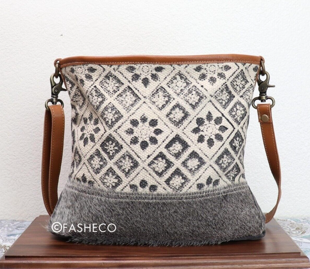 Myra Crossbody and Wallet (optional): Floral Theme Rug, Embossed Leather, Hairon