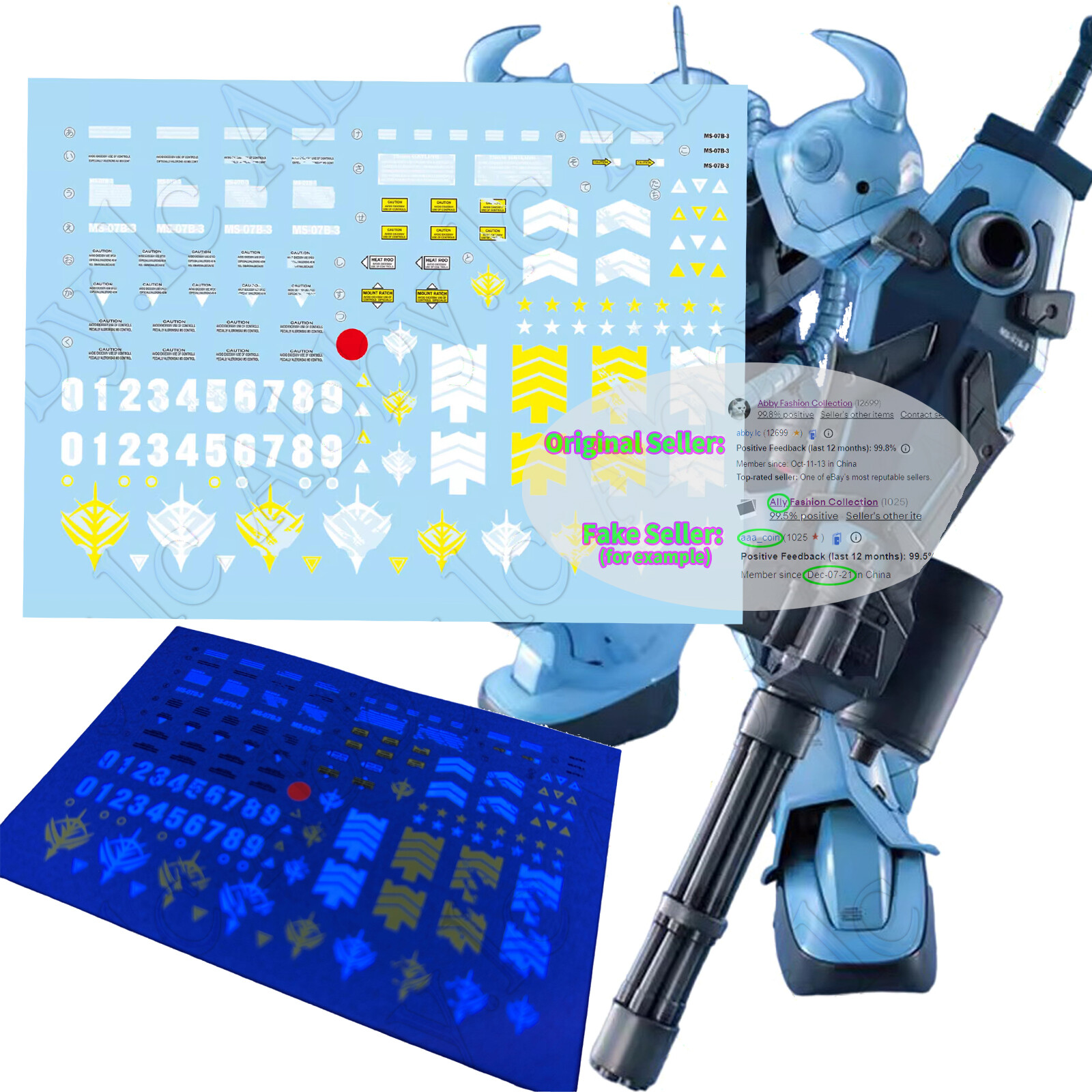 for MG 1/100 MG MS-07B-3 Gouf Custom Detail Water Slide UV Light ...