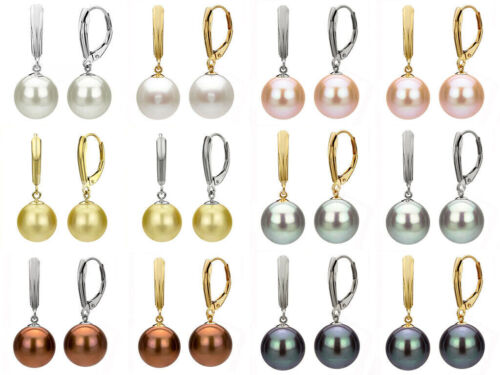 Women's 8/10/12/14/16mm Shell Pearl Dangle Leverback Earrings AA - Picture 1 of 25