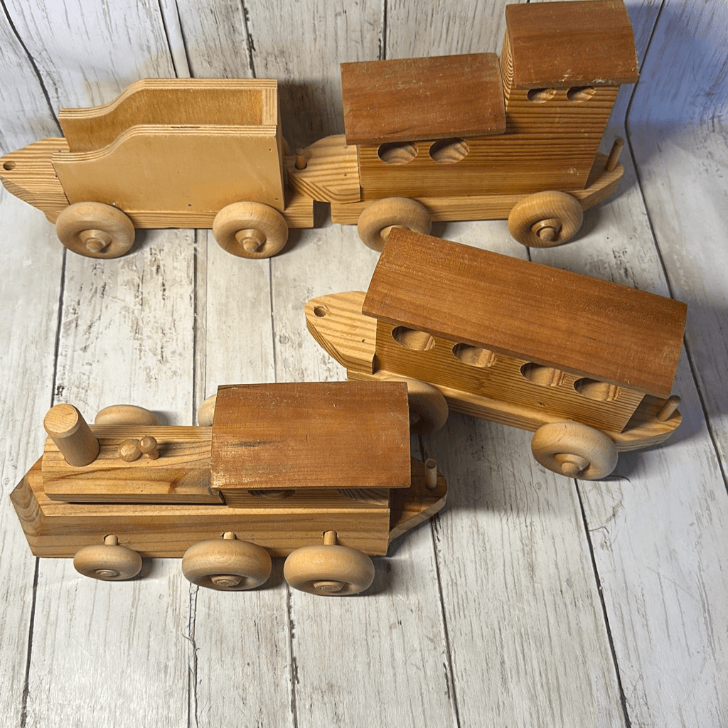 Vintage Wood Train Set Rolling Locomotive Caboose 2 Side Cars Handmade ...